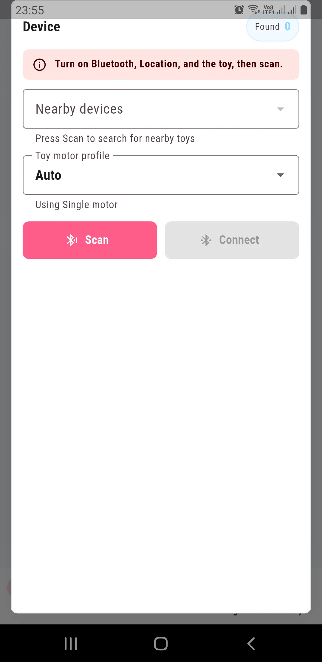Current Sensaviora Device connection sheet captured from an Android phone